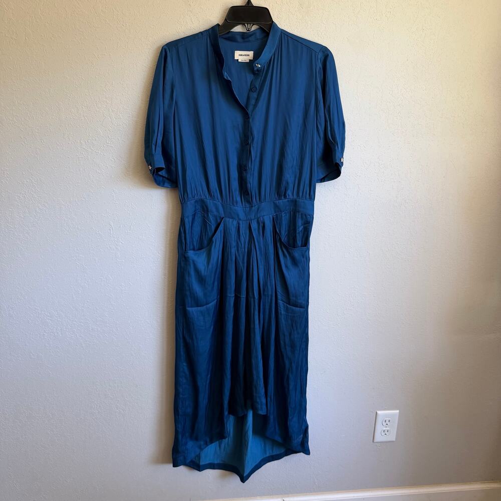 Zadig & Voltaire Rima Satin Blue Asymmetrical Skirt Midi Dress Womens L Coquette